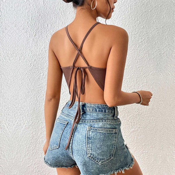 Ärmlös blus halterneck korsad rygg rygglös slim fit stilren bekväm sommartopp brun S