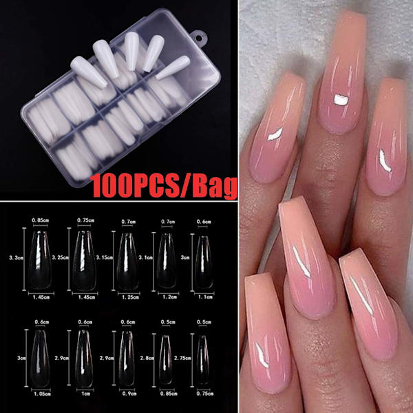 100 stk. falske negle akryl negle fuld dækning tips kiste manicure ballerina uv gel akryl negle kit værktøjer falske