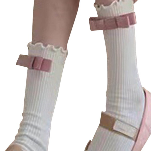 Volang Trim Långa Strumpor Casual Stickade Volang Vänd Manschett Strumpor med Bågar för Flickor Kvinnor Rosa Båge Fri Storlek