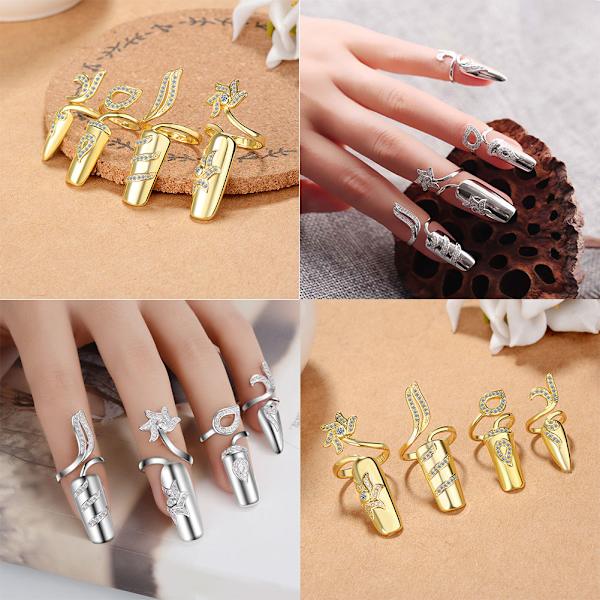 4 stk. Trendy Rhinestone Neglring Blomster Krystal Fingerspidsringe til Kvinder