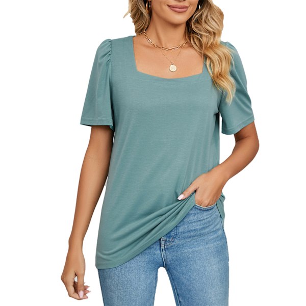 T-shirt med puffärm för damer, lös, ledig, elegant, enfärgad, kortärmad topp, blus för kontorsarbete, bön-grön M