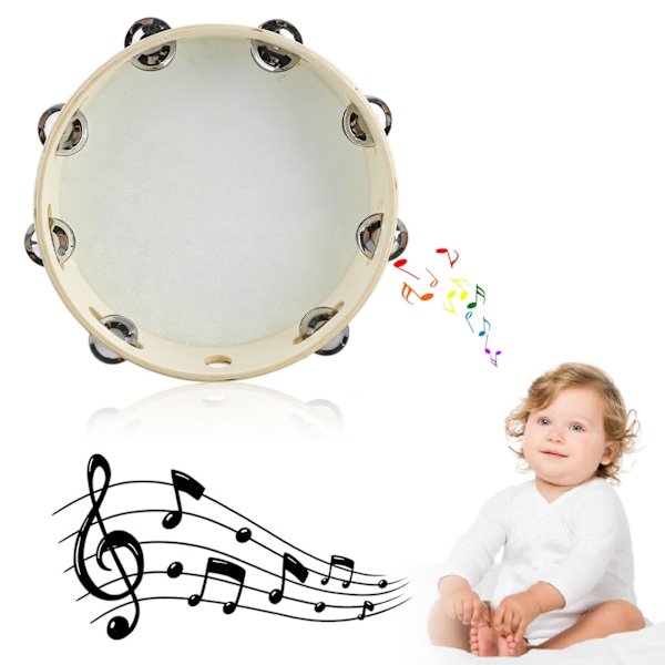 Tamburin for barn og voksne, håndklapp-tromme, musikkinstrument for tidlig utdanning, tre, farge hvit kant 10 tommer