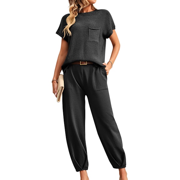 Dam Tvådelade Set Kortärmad Tröja Stickad Pullover Topp Avsmalnande Byxor Lounge Set Svart M
