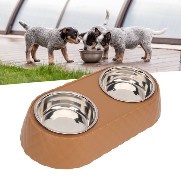 Double Pet Bowls Prevent Slip Stainless Steel Pet Food Water Bowls with Bowknot Decor Holder for Dog Cat Brown