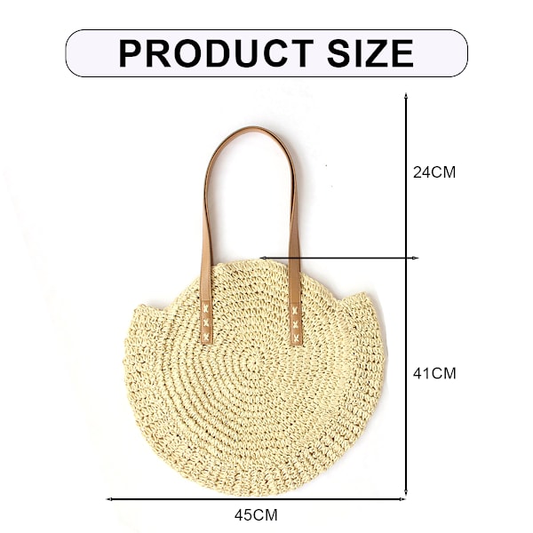 Halm Håndvesker Kvinner Runde Halm Vesker Naturlig Chic Hånd Stor Sommer Strand Tote Vevd Håndtak Skulder Bag, 45*41cm