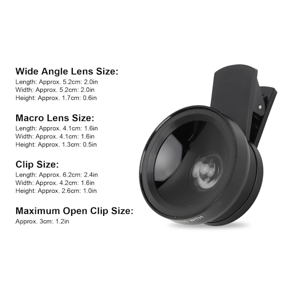 Telefonlinse 2 i 1 HD Professionel Universal Clip 0.45X Vidvinkel 12.5X Makrolinse til Mobiltelefon Tablet Sort