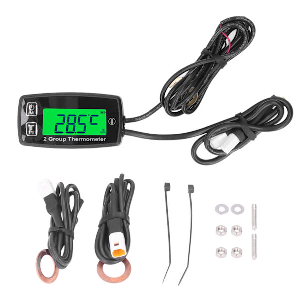 Dubbelkanal LCD-termometer Motortemperaturmätare Digital display med grön bakgrundsbelysning för motorcykelbåt ATV