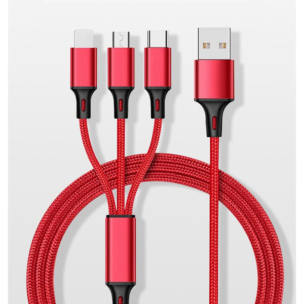 3-i-1 Multifunktionelt Opladerkabel til iOS, Android og Type-c Red