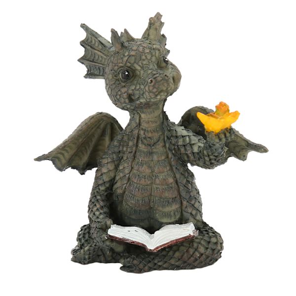 Baby Dragon Läser Bok Staty Vattentät Vacker Hållbar Harts Drakskulptur för Trädgård Vägg Kontor