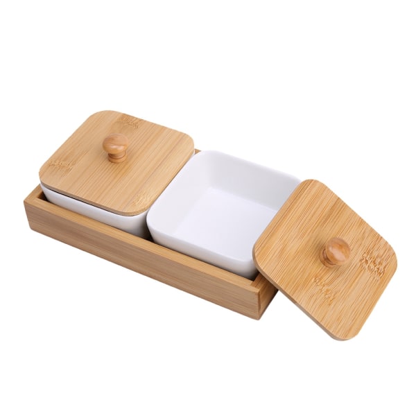 Keramisk serveringsfat for snacks med bambusbrettlokk for frukt, nøtter og desserter (2 rom)