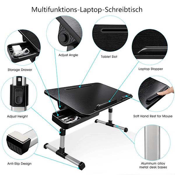 Laptopbord för säng, höjdjusterbar, lutningsvinkel, hopfällbart sängbord med låda, dynställ, laptopbord för säng, soffa, golv (53 x 30 cm,