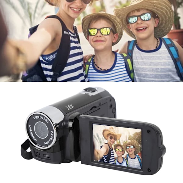 1080P 16MP DV-kamera 2,7 tommer TFT roterbar skærm 16x digital zoom videokamera med USB-kabel sort