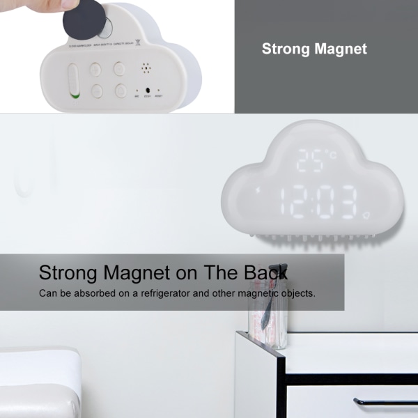 Molnformad magnetisk klocka larm digital temperatur snooze kalender röstaktiverad vit