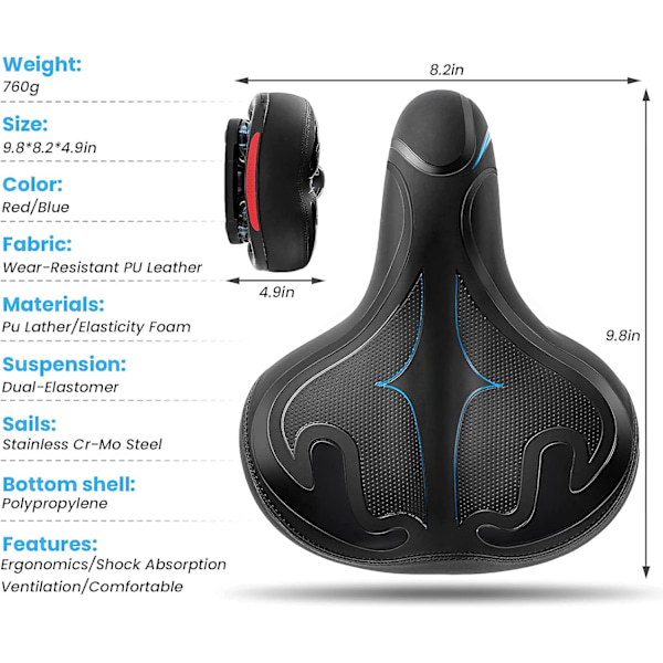 Andningsbart cykelsäte i memory foam, tyst fjädring med vattentätt läderöverdrag, ergonomisk design för säkra natturer