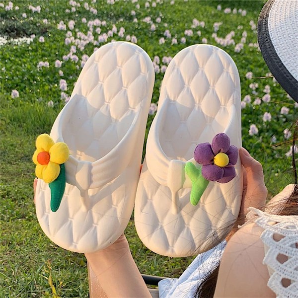 Flip Flop Casual Blomster EVA Tykk Såle Sandal Slitasjesterke Flip Flops for Kvinner Hvit 38-39