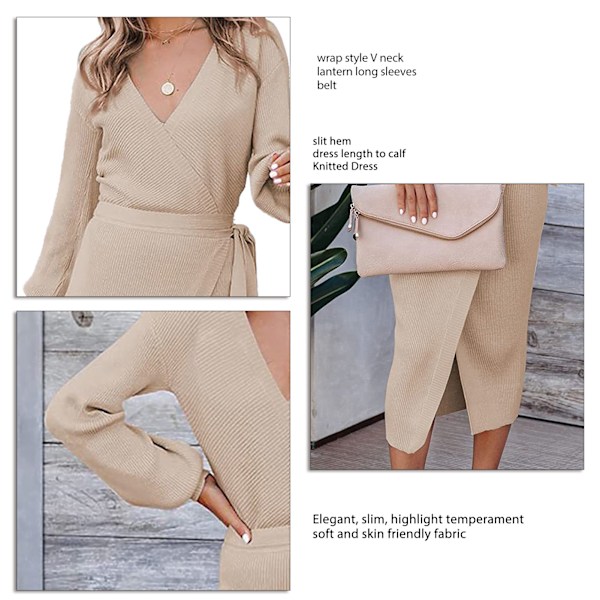 Lång Klänning Dam Elegant V-ringning Långärmad Enfärgad Slits Fåll Stickad Klänning med Bälte Khaki M