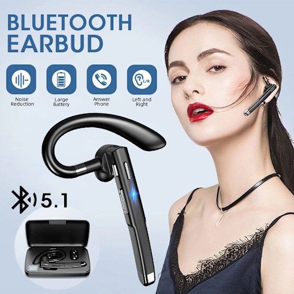 Revolutionerande Bluetooth-headset V5.1, Ergonomiskt trådlöst hörsnäcka med dubbla mikrofoner CVC8.0 brusreducering, 48 timmars lång samtalstid, Bekväm passform för båda