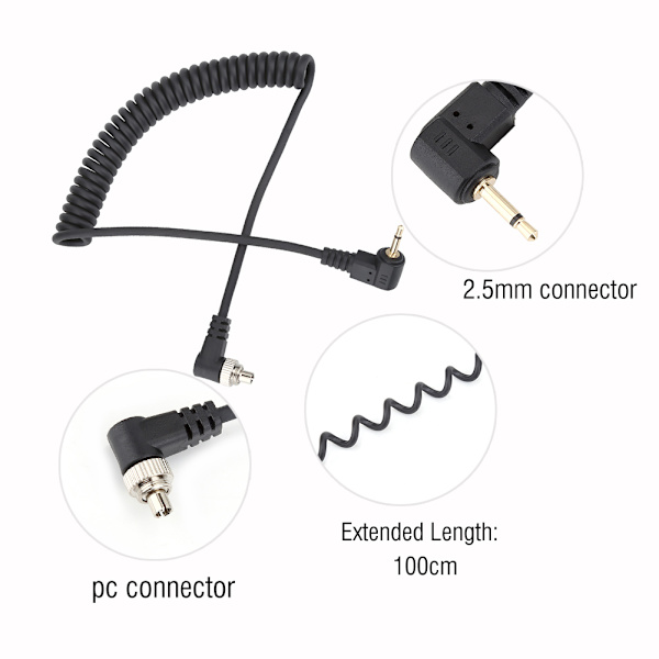 2,5 mm till hane Flash PC-synkroniseringskabel med skruvlås förlängd spiralformad kabel