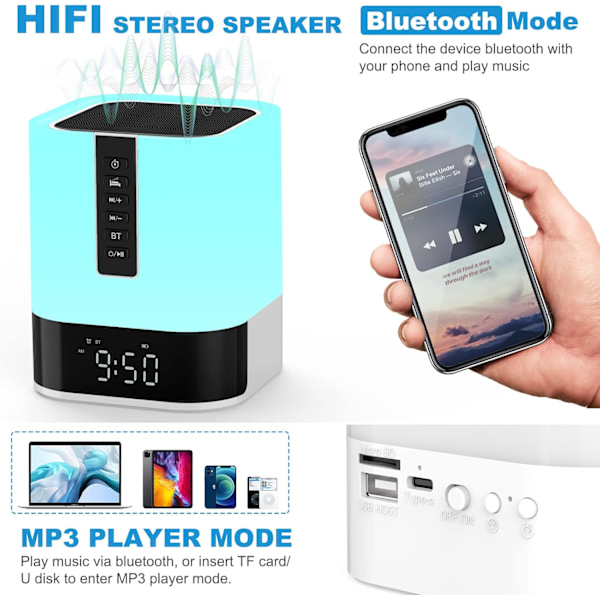 Allt-i-ett Bluetooth-högtalare, Touch Sensor Nattlampa, Digital Väckarklocka, MP3-spelare, Färgskiftande Bordslampa, Bästa Dekoren för Sovrum och Presenter