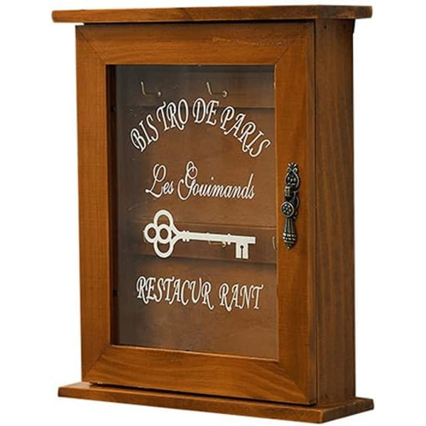 Tränyckelbox - Retro väggmonterad nyckelskåp med magnetisk dörr, miljövänlig hållbar förvaring i massivt trä med 6 krokar, kreativ heminredningshållare - Brun