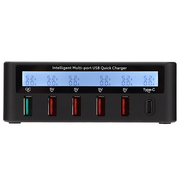 USB-telefonladingstasjon Blokk 40W 6 Port QC 3.0 Lading Hub Trådløs Lading Base med LCD-skjerm 100-240V