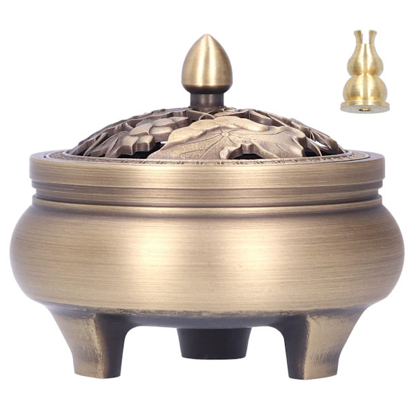 Antik Messing Røgelse Brænder Holder Med Låg 3-Benet Buddha Ornament Hjem Indretning