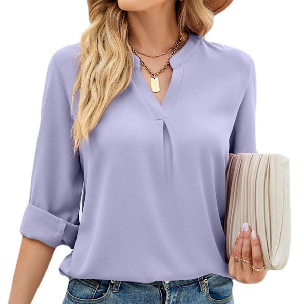 Dam Långärmad Topp Enfärgad V-ringning Lös Passform Pullover Blus för Vardagsbruk Arbete Gata Lila XL