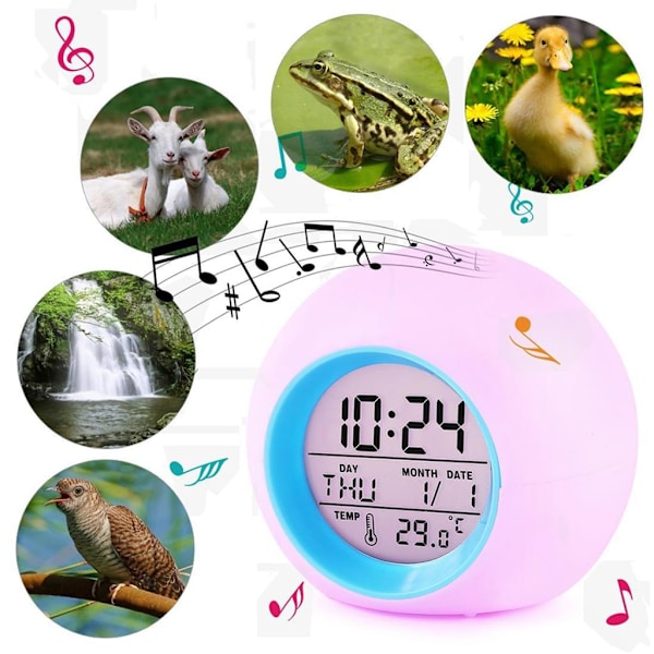 Digital Väckarklocka med Multifunktionsdisplay, 7 Färgers Nattlampa, Temperaturdetektering, Snooze-funktion, Lätt att Ställa In, Batteridriven, Stilren