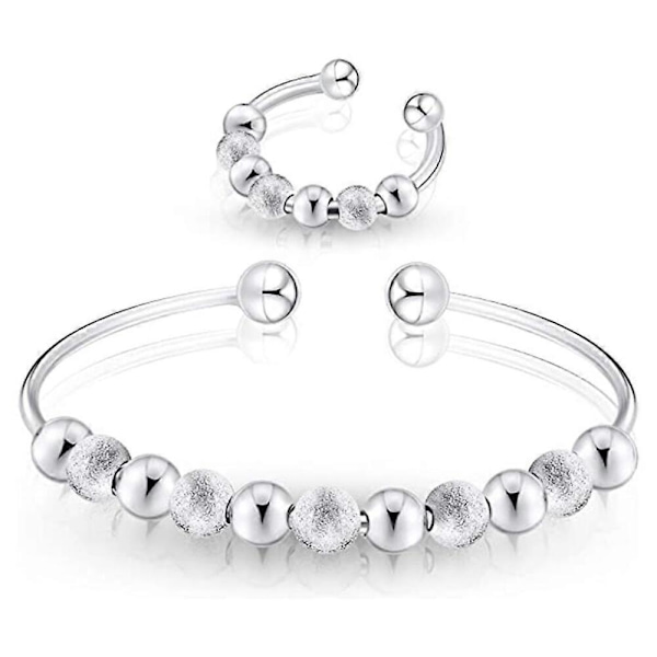 Angstring kompatibel med kvinner Sølvring Perle Justerbar Angstring Armbåndssett