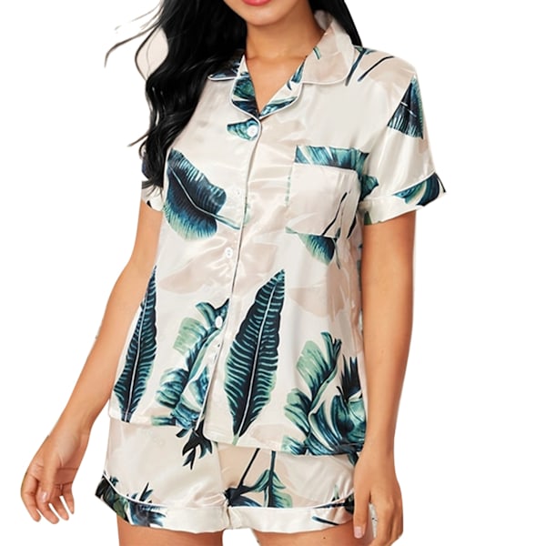 Dam Kortärmad Pyjamas Set Nedvikt Krage Vackert Tryck Tvådelad Topp Shorts Nattkläder Vit Banan XL