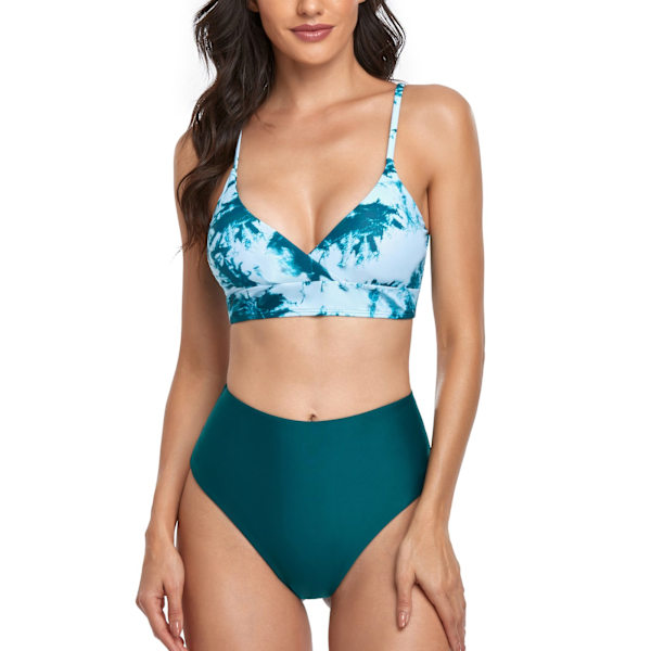 Delad Bikini Tie Dye Tryck Hög Midja Elastisk Andningsbar Bekväm Baddräkt för Strand Grön L