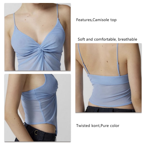 Dam Spaghetti Strap Genomskinlig Mesh Topp Slim Fit Vriden Knut V Ringning Ärmlös Camisole Tank Top Blå M