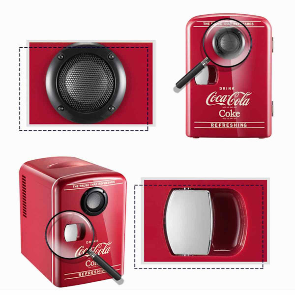 Coca-Cola 12V bærbar 4 liter/6 dåser termoelektrisk minikøleskab køler/varmer med Bluetooth-højttaler
