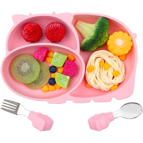 Magisk måltid för småbarn, Sugkoppstallrik i livsmedelsgodkänd silikon, Rosa, Säker sugkoppsdesign, Främjar självständig ätning, Lätt att rengöra, Mikrovågsugn