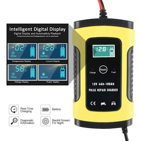 Visualiserad Laddning, 12V 6A Intelligent Billaddare För Alla 12-Volts Bly-Syra Batterier, Med Högeffektiv Pulsreparation Och Omvänd Polaritetsskydd