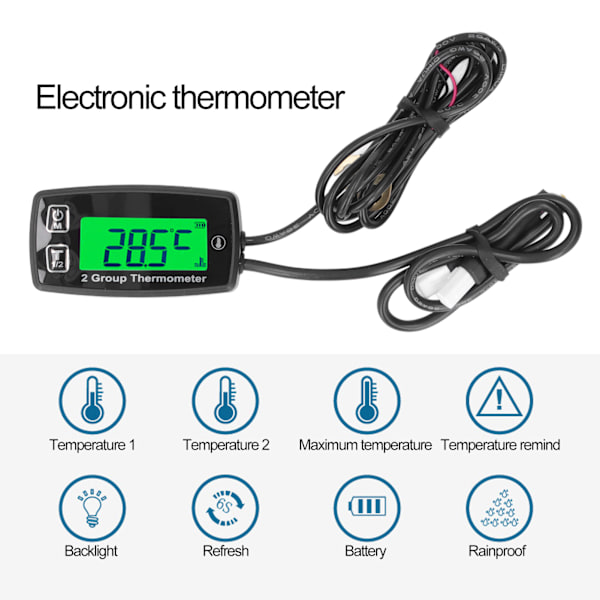 Dubbelkanal LCD-termometer Motortemperaturmätare Digital display med grön bakgrundsbelysning för motorcykelbåt ATV