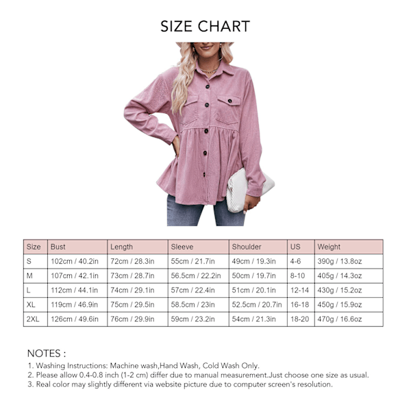 Dam Långärmad Topp Enkelknäppt Bröstfickor Nedfälld Krage Lös Fåll Ledig Blus Rosa XL