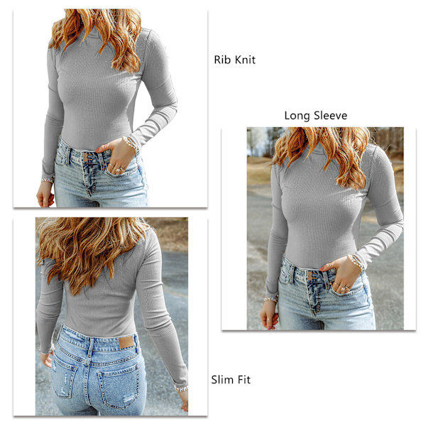 Dam Ribbstickad Slim Fit Topp Långärmad Enfärgad Blus Trendig Baströja Grå L