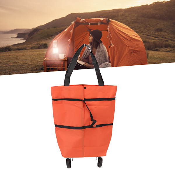 Bærbar indkøbsvogn sammenklappelig taske stor kapacitet lynlås design med hjul til camping orange