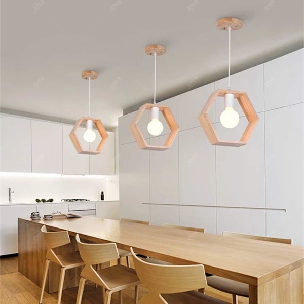 Rustik Vävd Taklampa, Modern Design Träpendellampa för Matsal, Har Klassisk Geometrisk Form (Trä Håldesign)