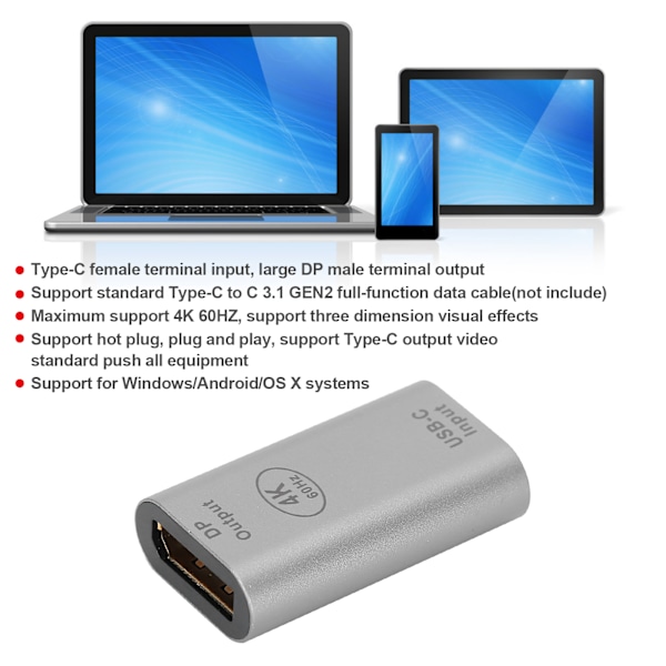 Typ C Hona till DP Hane Adapter Mini Videokonverterare 4K 60Hz för Windows Android