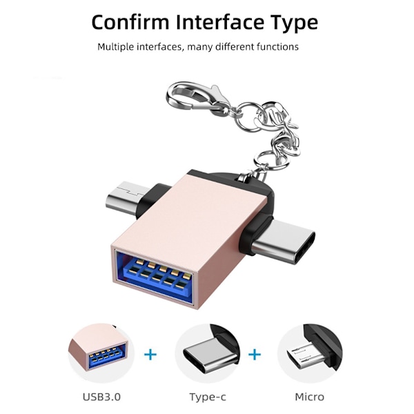 2 kpl alumiiniseoskuori 2-in-1 OTG-muunnin USB 3.0 - Mikro-USB Type-C -sovitin ketjulla Androidille Kultaketjulla