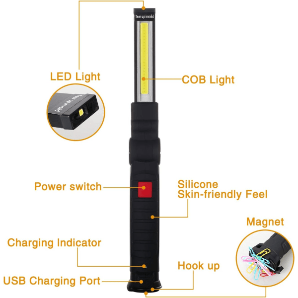 LED USB laddningsbar ficklampa, 2 st ljus ficklampa arbetslampa