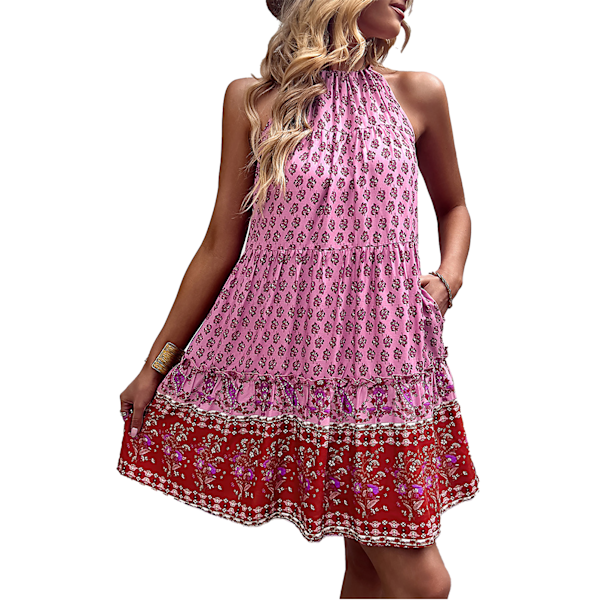 Halter Neck Kjoler Ærmeløs Boho Lagdelt Print Flydende Stor Saum Casual Kjole til Sommer Pink L