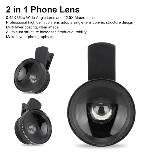 Telefonlinse 2 i 1 HD Professionel Universal Clip 0.45X Vidvinkel 12.5X Makrolinse til Mobiltelefon Tablet Sort