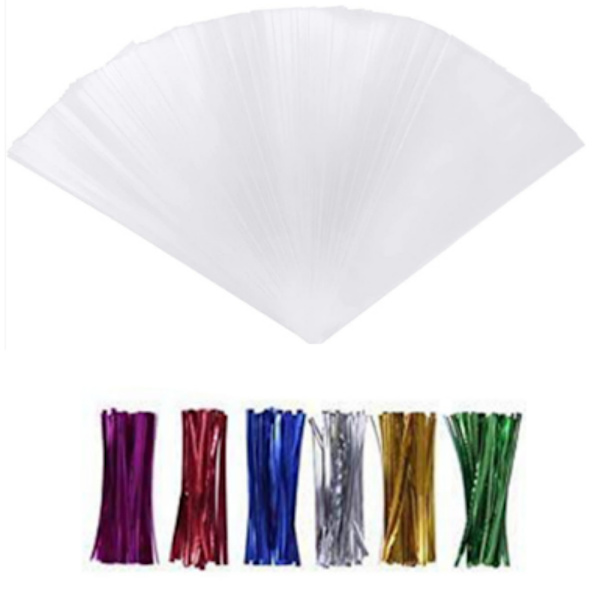 100 st transparenta konformade godispåsar med 100 st färgglada band, transparenta cellofanpåsar, konformade godispåsar, godispåsar för godis, kakor, popcorn, choklad