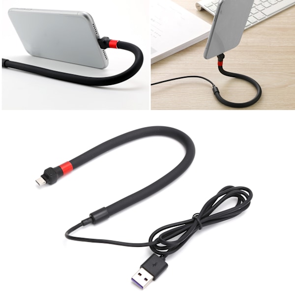 Mobiltelefon Stativ Upp Snabbladdning Kabel Flexibel Telefonhållare Micro USB DatakabelSvart