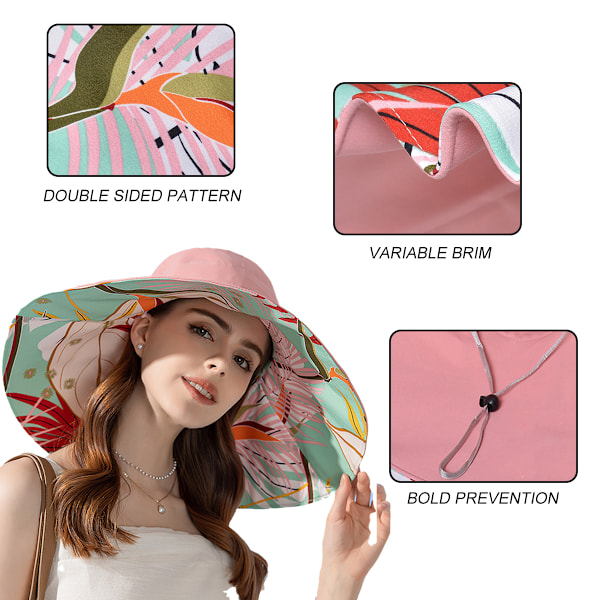 Bomull Bred Bremskjerm Solhatter  Kant Sommer UV Beskyttelse UPF Boho Hat for Strand Fotturer Hage Reise Hakestropp