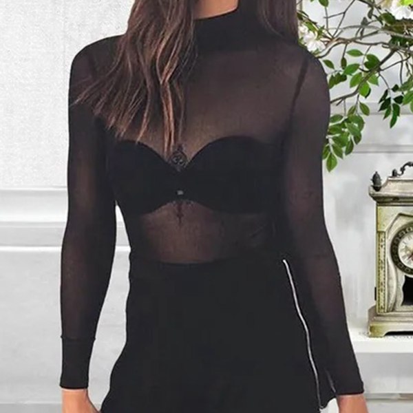 Dam Långärmad Mesh Topp Elegant Andningsbar Elastisk Slim Fit Genomskinlig Underdel Skjorta Blus