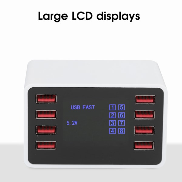 8-porters skrivebordsvegglader smart hurtigladestasjon 3.0 USB C med LCD-skjerm 100‑240VEU-plugg